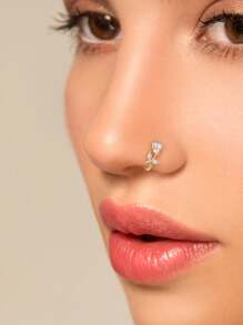 1入紅鬱金香夾式鼻環，鑲嵌白色鋯石、18K鍍金U型假穿孔鼻環珠寶 - 花朵鼻環 - 查看 4