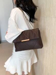 Bolso de cadena de hilo bordado de diamantes, bolso de mano casual, bolso elegante de hombro cruzado, hebilla doble, doble cadena, bolso de solapa - Marrón - Ver 11