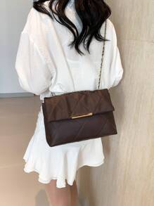 Bolso de cadena de hilo bordado de diamantes, bolso de mano casual, bolso elegante de hombro cruzado, hebilla doble, doble cadena, bolso de solapa - Marrón - Ver 13