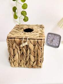 1 Water Hyacinth Woven Basket, Square Napkin Holder For Toilet Paper Arrangement And Storage, Wicker Basket, Toilet Tank Storage Basket, Home Arrangement And Storage Supplies - Khaki - View 2