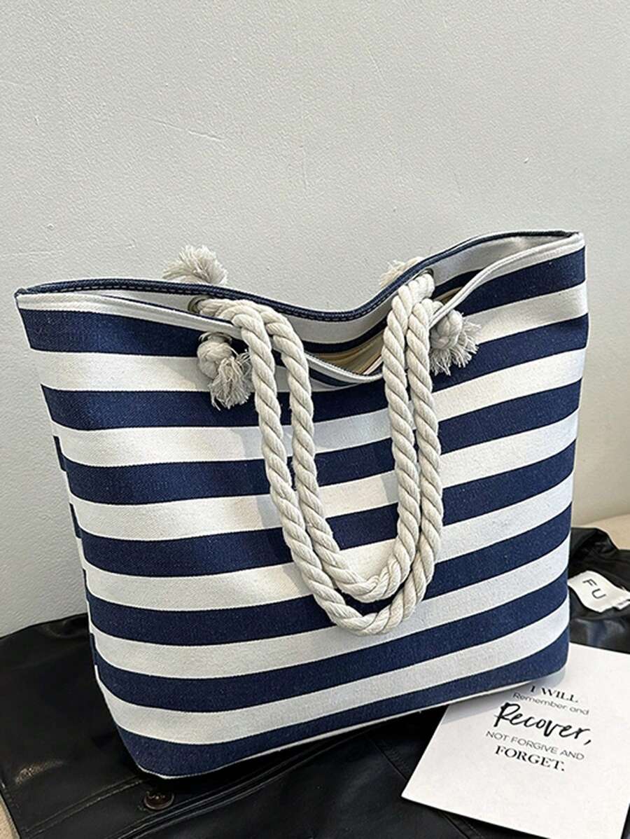 Nuevo bolso de lona tejida de gran capacidad y oversized, de sujeción manual/de hombro - Azul y blanco - Ver 1