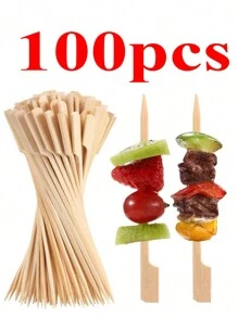 100 chiếc xiên tre nướng, dụng cụ chọn thực phẩm để sử dụng trong nhà và ngoài trời, xiên nướng BBQ, dụng cụ hái trái cây, dụng cụ làm bánh mì kẹp thịt - Màu be - Xem 1