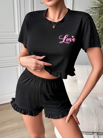 女性休閒字母印花短袖短褲睡衣套裝
