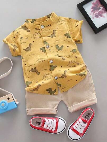 Baby Boy Summer Cartoon Allover Print Stand Collar Dinosaur Shirt And Short Sleeve Shorts Set