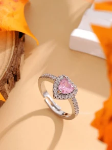 1入心形戒指，搭配粉紅立方氧化鋯和閃亮透明寶石，奢華開口戒指