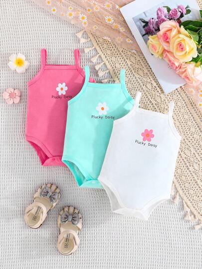 3 st Baby Girls Casual sommar outfits, enkel målad liten blomma Piucky Daisy Bodysuit Body med 3 färger Combo