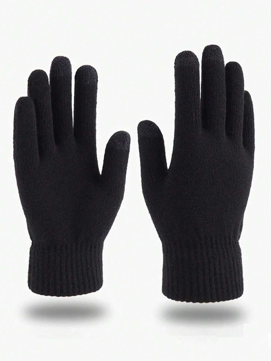 1pair Men's Winter Thickened And Warm Touch Screen Gloves, Anti-Skid Knitted Cycling Gloves With Thermal Lined - Black - View 1