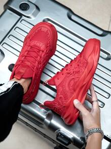 Men's Dragon Totem Pattern Simple Casual Sports Shoes, Breathable & Lightweight Black Mesh Fitness Training Shoes With Front Tie Soft Sole Running Shoes - Red - View 2