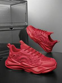 Men's Dragon Totem Pattern Simple Casual Sports Shoes, Breathable & Lightweight Black Mesh Fitness Training Shoes With Front Tie Soft Sole Running Shoes - Red - View 7