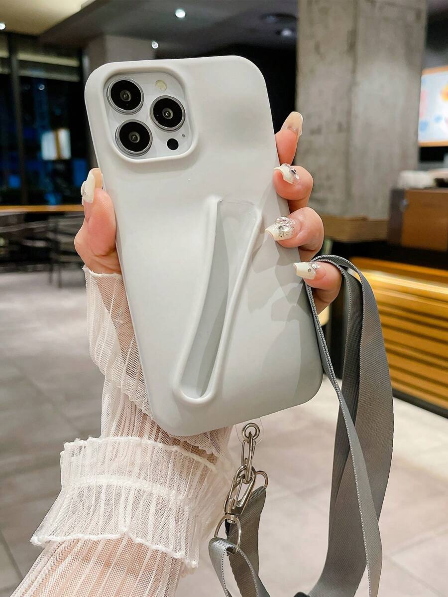 时尚新款 3D 硅胶手机壳,带唇膏架、斜挎包和可调节肩带,防摔软手机保护套 - 灰色 - 查看 1