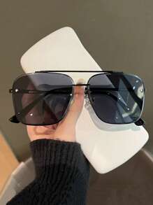 1 Pair Men's Retro Frameless Double Bridge Design Fashionable Aviator , Suitable For Matching Outfits, Travel And Daily Use Beach Accessories Glasses Shades For Summer Beach Vacation,Outdoor,Travel - 彩色 - 查看 2