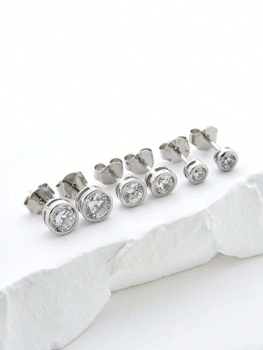 1 cặp bông tai đinh tán hình tròn bằng bạc Sterling 925 đính đá CZ thanh lịch và sang trọng dành cho nữ - Bạc - Xem 1