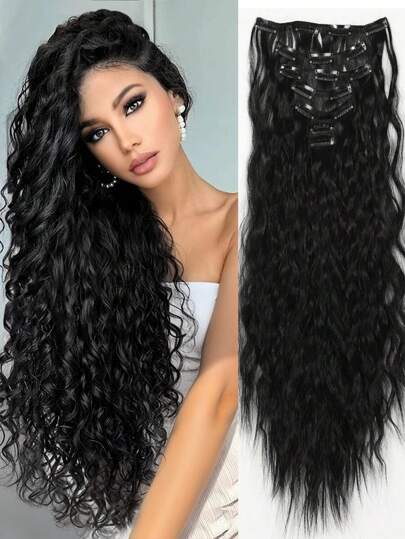 黑色夾式髮片，16個夾子，22英寸長帶卷髮的女士髮片，可作全頭使用，7件套合成纖維髮片