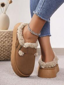 女士时尚百搭短靴，一脚蹬毛皮衬里雪地靴，适合秋冬季