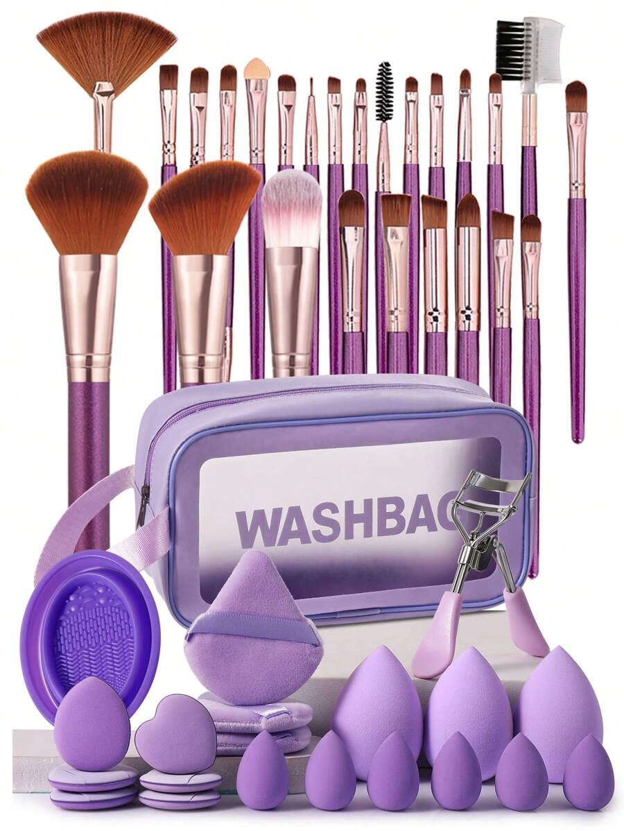 46件套专业化妆工具套装，包含25支化妆刷，例如粉底刷、散粉刷、腮红刷、高光刷、眼影刷、睫毛膏刷、眼线刷、轮廓刷，每支刷子都配有细节刷；3个化妆蛋；1个适用于液体化妆品的化妆海绵；1个化妆搅拌器；3个用于散粉定妆的三角海绵；1个适用于散粉的柔软三角粉扑；6个用于遮瑕的指套粉扑；6个迷你化妆海绵套装；1个迷你化妆搅拌器；1个化妆刷清洁碗，用于清洁化妆蛋和化妆刷；1个防水化妆包；1个旅行洗漱包，用于存放化妆品和化妆工具；以及1个睫毛夹。