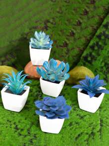 1 Set (5pcs) Artificial Mini Plant Pot Combination (Plastic Material), Home Decor For Living Room, Bedroom, Bathroom, Bookshelf, Cute Party Decoration, Gift - Blue - View 3