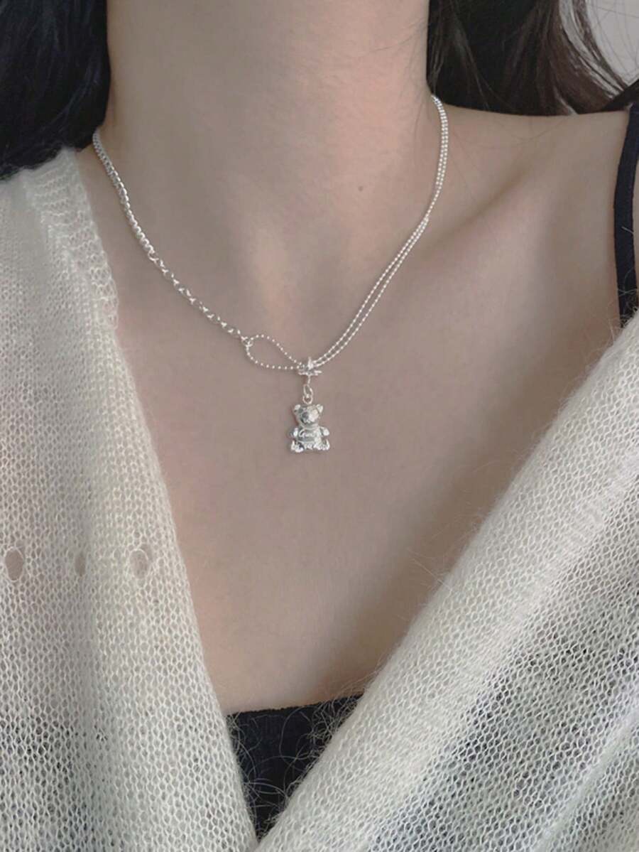 Hàn Quốc Dongdaemun Phong Cách Ngọt Ngào & Mát Mẻ Vòng Cổ Gấu Bông S925 Sterling Bạc Dành Cho Nữ, Thiết Kế Độc Đáo Dây Xích Xương Đòn Hai Lớp - vòng cổ - Xem 1