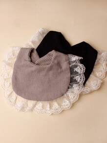 2pcs Soft And Stretchy Lace Ruffle Trim Baby Bib Set In Candy Colors, Suitable For Daily Use
