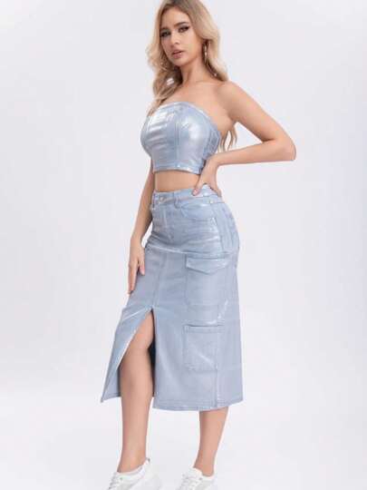 Conjunto Mezclilla Top Bustier Denim Recortado Sexy Metalico y Falda Vaquera metalica Con Abertura En El Muslo y Bolsillos Al Costado