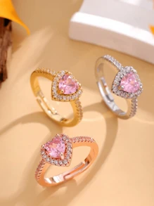 1入心形戒指，搭配粉紅立方氧化鋯和閃亮透明寶石，奢華開口戒指