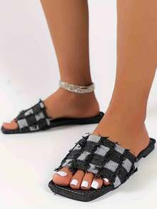 Sandalias planas deslizantes de tela a cuadros de moda para mujer, zapatos planos minimalistas de estilo callejero con puntera abierta y fácil de poner, adecuados para exteriores, playa, fiesta y ocasiones casuales - Negro - Ver 4