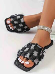 Sandalias planas deslizantes de tela a cuadros de moda para mujer, zapatos planos minimalistas de estilo callejero con puntera abierta y fácil de poner, adecuados para exteriores, playa, fiesta y ocasiones casuales - Negro - Ver 5
