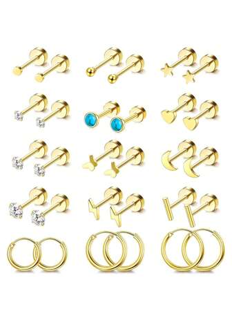 30pcs Stainless Steel Stud Earrings For Ears Gold Flat Back Stud Earrings For Women Men Small Stainless Steel Stud Hoop Screw Back Cartilage Earring Set For Multiple Piercing