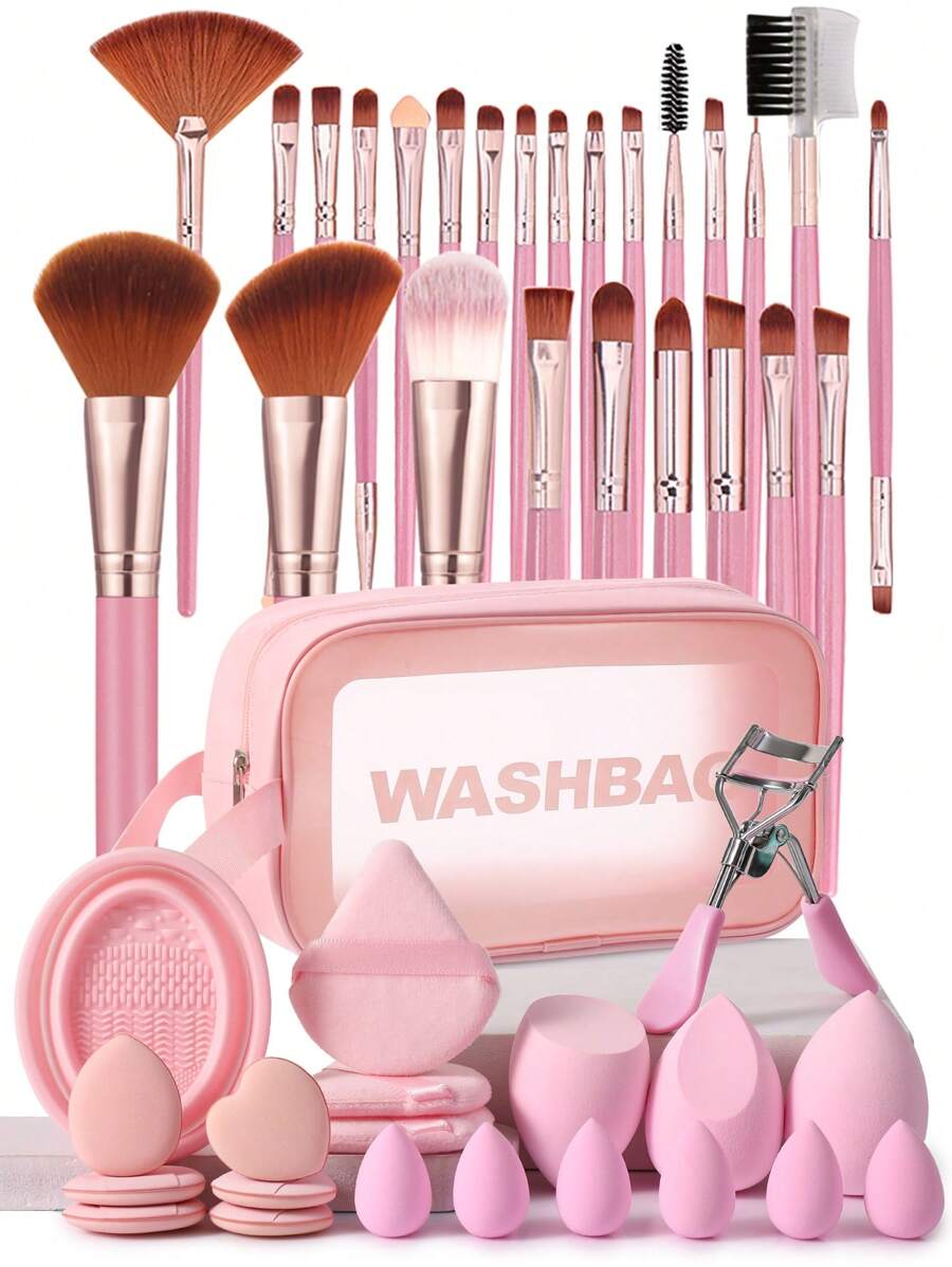46件套专业化妆工具套装，适合初学者，包含25支化妆刷（例如粉底刷、散粉刷、腮红刷、高光刷、眼影刷、睫毛刷、眼线刷、修容刷和各种细节刷）、3个用于液体化妆品和调色的美妆蛋、3个用于散粉和定妆的三角海绵、6个指套海绵。 - 粉色 - 查看 1
