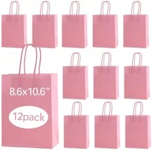 12 piezas de bolsas de papel kraft rosa grandes - Bolsas para regalos, compras y detalles de fiesta con asas, para cumpleaños, bodas, etc., de vuelta a la escuela, Día de San Valentín - Rosa - Ver 1