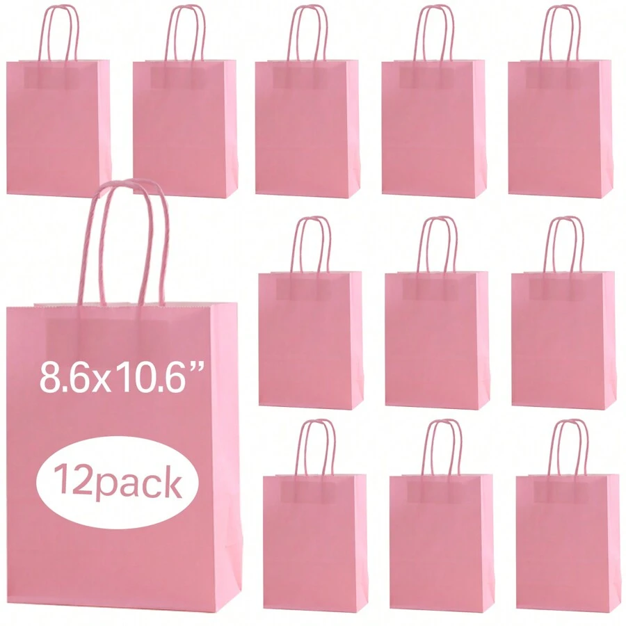 12 piezas de bolsas de papel kraft rosa grandes - Bolsas para regalos, compras y detalles de fiesta con asas, para cumpleaños, bodas, etc., de vuelta a la escuela, Día de San Valentín - Rosa - Ver 1