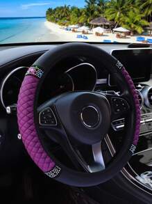 MEIKAXIU 1 件 PU 皮革 3D 刺绣带水钻汽车方向盘套（无内圈）闪亮风格女士，适合 14.5-15 英寸汽车配件 - 均碼 - 查看 20