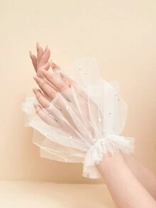 1 双水钻串珠蕾丝泡泡袖透明袖女式，适合婚礼派对和节日、学校