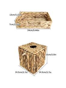 1 Water Hyacinth Woven Basket, Square Napkin Holder For Toilet Paper Arrangement And Storage, Wicker Basket, Toilet Tank Storage Basket, Home Arrangement And Storage Supplies - Khaki - View 5