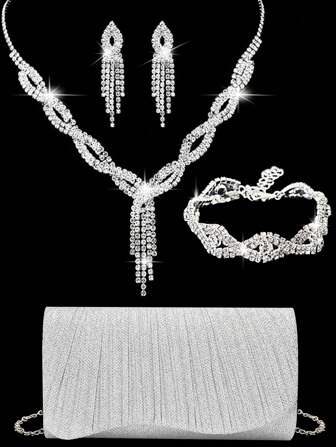 LETODE 4 Pieces Women Rhinestone Evening Clutch Bag Rhinestone Ear Clip Bridal Wedding Choker Bracelet Dangle Bling Glitter Purse Clutch Purse Envelope Evening Bag For Women Prom Sparkling Handbag With Detachable Chain For Wedding And Party Shoulder Bag For Women Clutch Purses For Ladies Sparkling Silver Party Handbag Wedding Bag