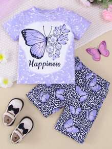 Young Girl 2pcs Casual Butterfly Letter Print Short Sleeve Knitted T-Shirt And Biker Shorts Set, Summer - Purple - View 1