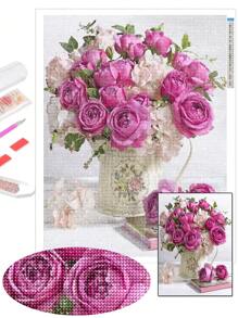 Kit de Pintura de Diamante Redonda Completa 5D Brilhante, Vaso de Rosa Rosa Vívido, Decoração Doméstica e Presente de Casamento