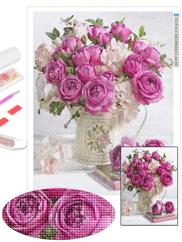 Kit de Pintura de Diamante Redonda Completa 5D Brilhante, Vaso de Rosa Rosa Vívido, Decoração Doméstica e Presente de Casamento
