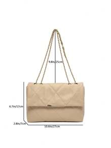 簡約網格刺繡鏈條包，時尚手提肩背兩用包，帶雙扣和鏈式交叉單肩包，蓋子包 - 卡其色 - 查看 4