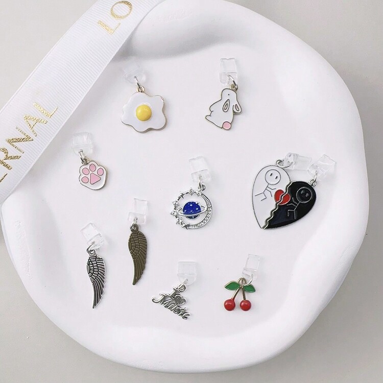 1入組帶合金吊飾的手機防塵塞，藍色星球、櫻桃、兔子、愛心、音符、手、防塵充電插口 - 彩色 - 查看 6
