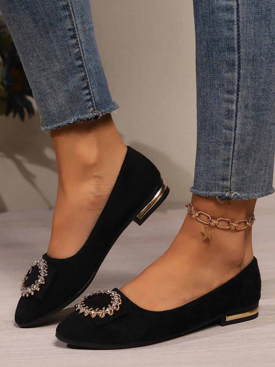 平底乐福鞋女式尖头新款软底一脚蹬鞋低跟休闲鞋防滑工作鞋时尚水钻平底鞋轻便纯色透气平底鞋（适合宽脚，建议订购大一码） - 黑色 - 查看 1