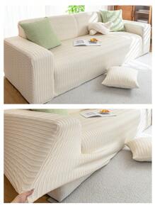 1 peça Capa de Sofá Elástica Desleixada Chenille Jacquard de Cor Sólida Quatro Estações, Estilo Moderno Minimalista Envolvente de Sofá Não Deslizante em Uma Peça, Adequado para Sofá em Forma de L e de 1/2/3/4 Lugares (Inclui Uma Fronha de Almofada) - Bege - Ver 6