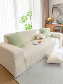 1 peça Capa de Sofá Elástica Desleixada Chenille Jacquard de Cor Sólida Quatro Estações, Estilo Moderno Minimalista Envolvente de Sofá Não Deslizante em Uma Peça, Adequado para Sofá em Forma de L e de 1/2/3/4 Lugares (Inclui Uma Fronha de Almofada) - Bege - Ver 3