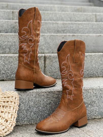 New Fall/Spring Fashion Brown & Burgundy High-Top Outdoor Sports Boots For Women, High-End Elegant Pointed Toe Thick Heel Slip-On V Mouth Comfortable Lightweight Non-Slip Durable Casual Outdoor Western Boots