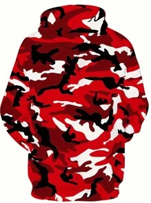 男士时尚迷彩连帽衫 - 时尚 3D 印花运动衫，四季舒适 - 都市风格 - 紅色 - 查看 2