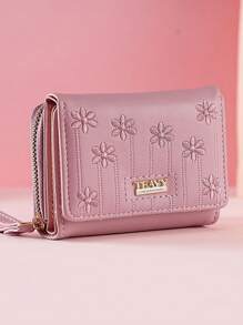 New Embroidered Flower Three-Fold Short Women's Bag Multi-Functional Fashion Handbag Multiple Card Slots Clutch Bag Coin Pink For Women Wallet Purse Wallet Small Wallet