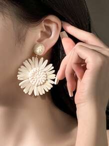 1 对时尚潘帕斯草大花耳环，女士海滩配饰，婚礼礼物，夸张垂坠耳环情人节、妈妈、母亲、母亲节、礼物 - 白色 - 查看 2