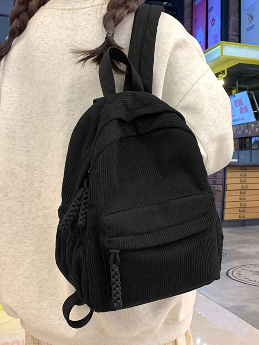 纯色灯芯绒面料时尚简约女士背包学校背包、书包、学校书包、大背包、便携、轻便、经典休闲，适合少女女大学生，非常适合返校、开学第一天、大学、中学、高中、新款秋冬女包、最佳秋季钱包 - 黑色 - 查看 1