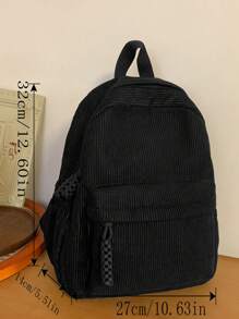 纯色灯芯绒面料时尚简约女士背包学校背包、书包、学校书包、大背包、便携、轻便、经典休闲，适合少女女大学生，非常适合返校、开学第一天、大学、中学、高中、新款秋冬女包、最佳秋季钱包 - 黑色 - 查看 3