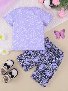 Young Girl 2pcs Casual Butterfly Letter Print Short Sleeve Knitted T-Shirt And Biker Shorts Set, Summer - Purple - View 2