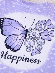 Young Girl 2pcs Casual Butterfly Letter Print Short Sleeve Knitted T-Shirt And Biker Shorts Set, Summer - Purple - View 5